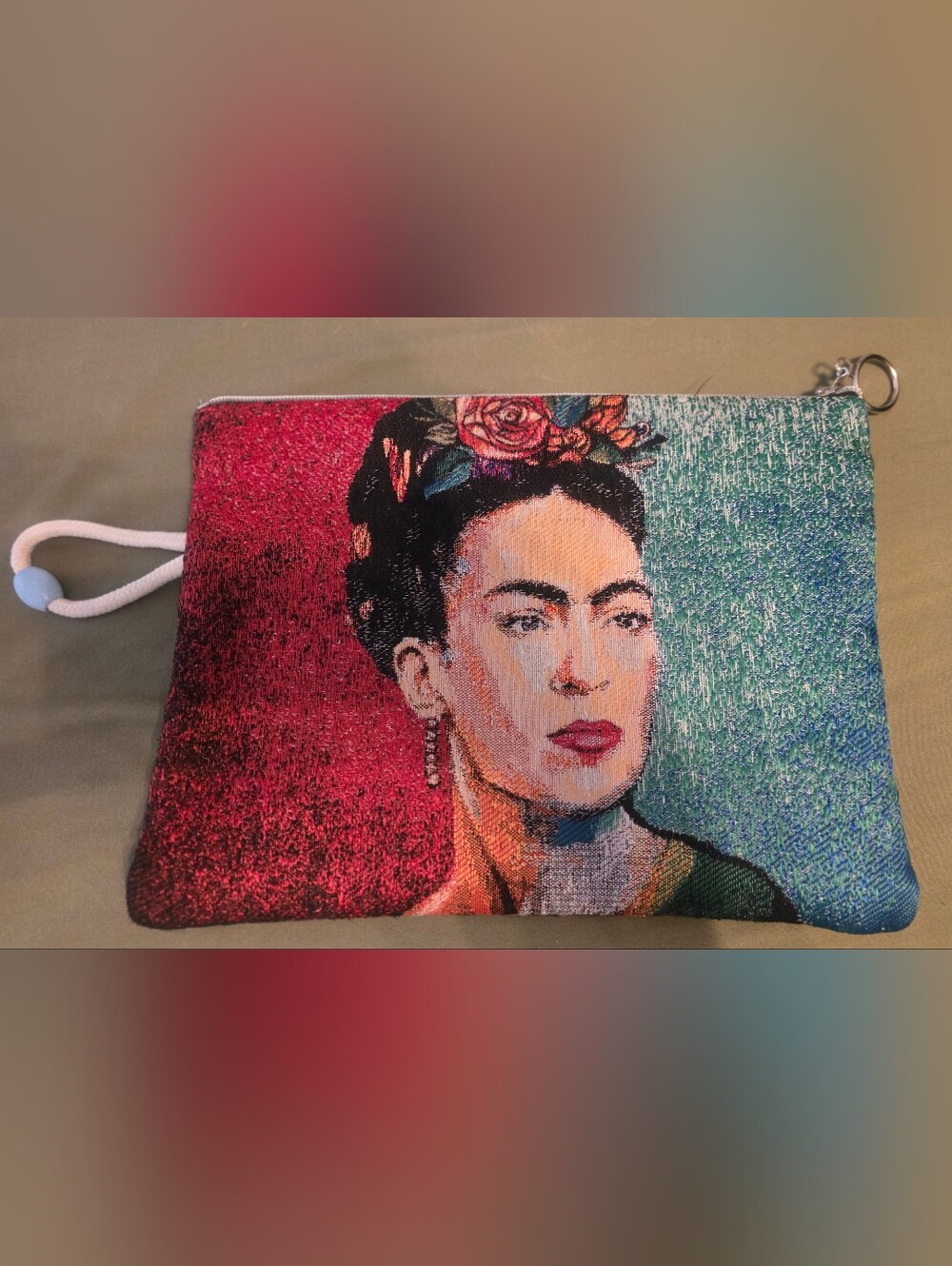 Frida Portrait Tapestry Wristlet Pouch - Red & Teal Waterproog